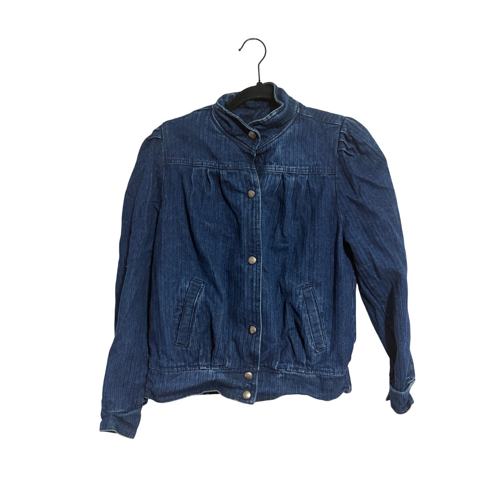 Denim Jacket Puff Sleeve Dark Wash Blue Smocked Back Mock‎ Neck Vintage Style
